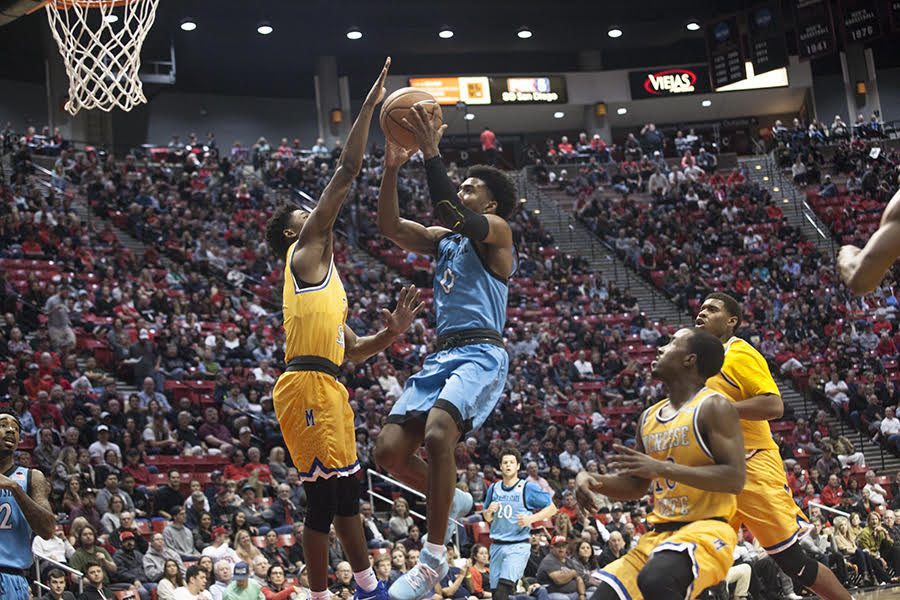 Junior guard Devin Watson puts up a shot during the Aztecs 83-52 victory over McNeese State on Friday Nov. 17.