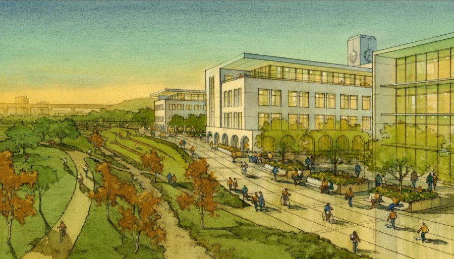 A rendering of park land near the San Diego River, included in the SDSU Mission Valley site plan. Photo courtesy of SDSU Newscenter.