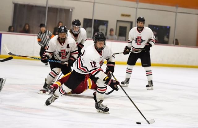 Forward Tristan Macalolooy races with the puck during an SDSU hockey game in the 2017 season.