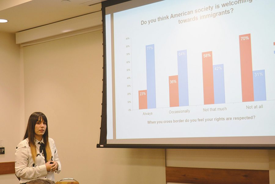 Estefanía Castañeda explica resultados de su estudio a la comunidad de SDSU. 