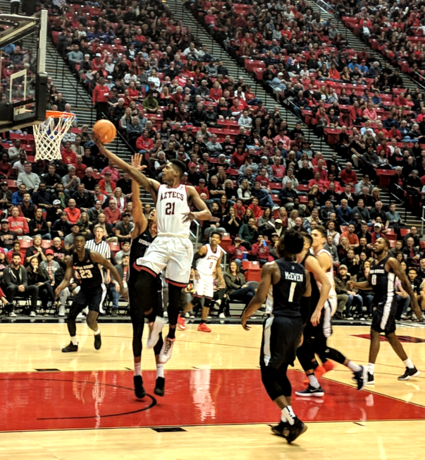 Malik Pope attempts a layup during the Aztecs 79-59 victory over Utah State at Viejas Arena on Dec. 30