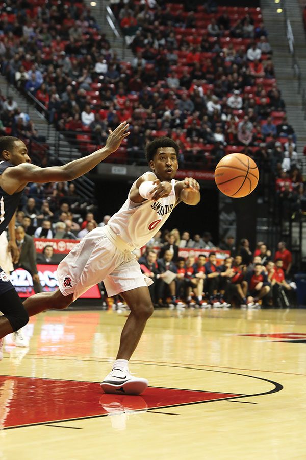 Junior guard Devin Watson threads a pass during SDSUs loss to Fresno State on Jan. 17.