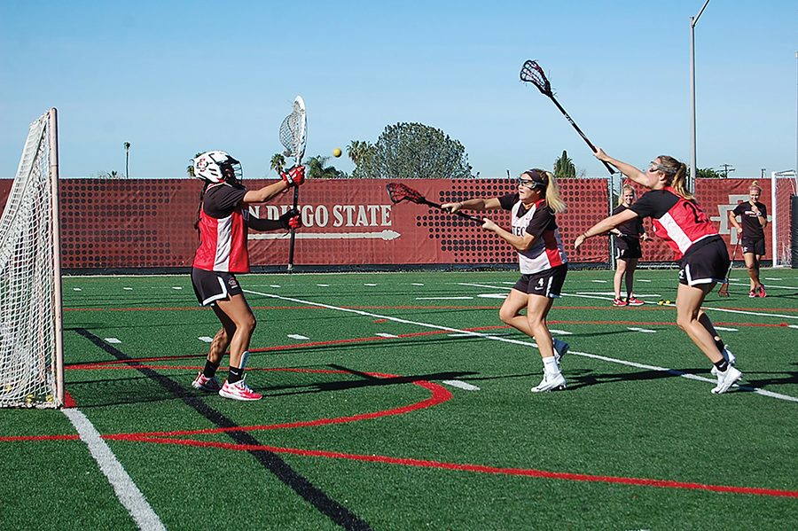 Sophomore midfielder Ryli Quin takes a shot during a lacrosse practice scrimmage on Jan. 29.