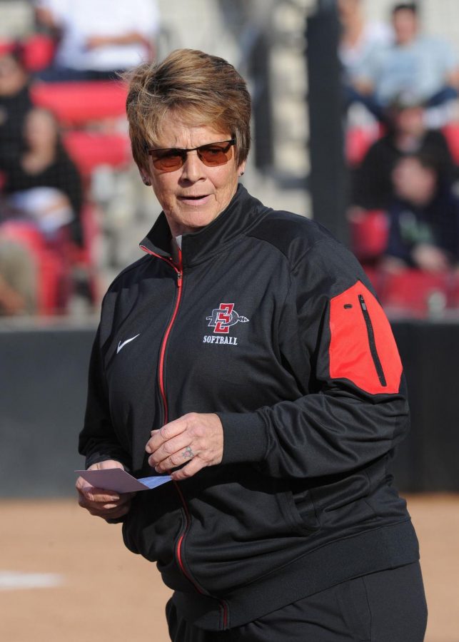 San Diego State softball head coach Kathy Van Wyk pictured during the 2018 season.