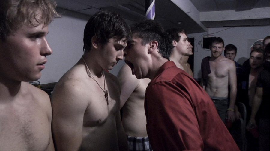 Still image of characters in Haze undergoing hazing rituals in their collegiate fraternity. 