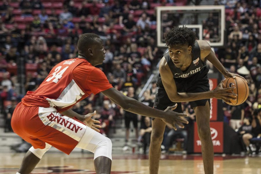 Then-redshirt+freshman+forward+Jalen+McDaniels+eyes+the+basket+during+the+Aztecs+94-56+victory+over+UNLV+on+Feb.+17+at+Viejas+Arena.