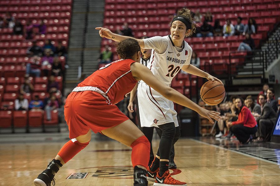 Senior guard Geena Gomez  controls the ball during the Aztecs 75-64 loss to UNLV on Jan. 27 at Viejas Arena.