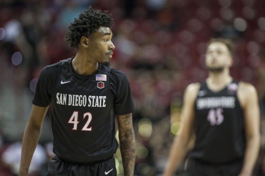 Then-junior guard Jeremy Hemsley looks on during the Aztecs 90-73 victory over Nevada on March 9 at the Thomas & Mack Center in Las Vegas.
