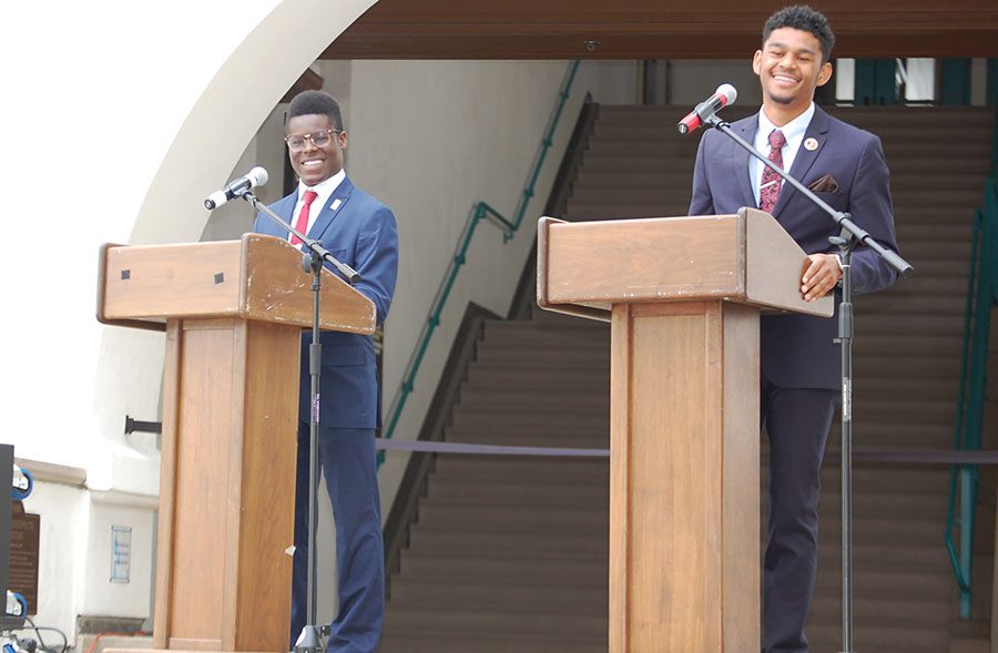A.S. vice president of external relations candidates Michael Wiafe (left) and Latrel Powell (right) debate each other on Tuesday at the Conrad Prebys Aztec Student Union.