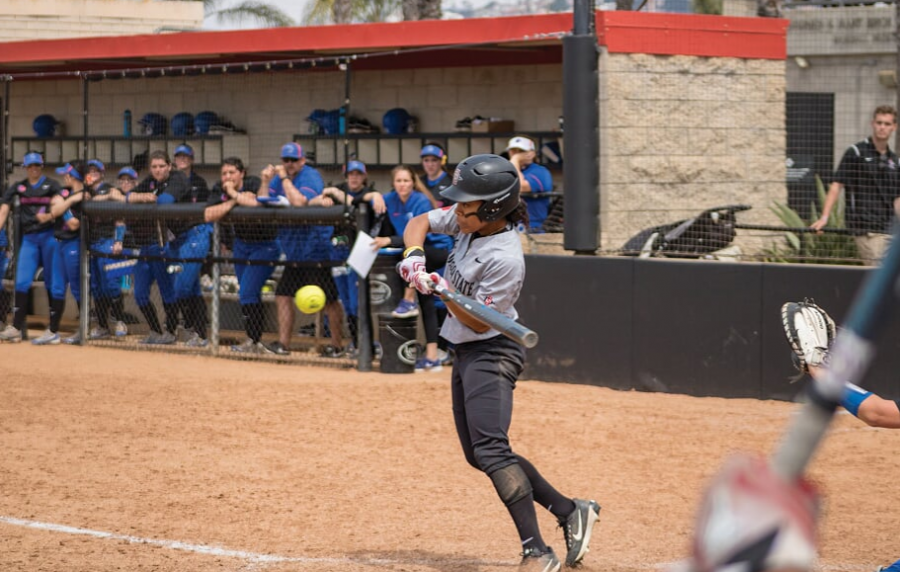 Senior outfielder Zaria Meshack goes for a hit during the Aztecs 11-1 loss to Boise State at SDSU Softball Stadium on March 31. 