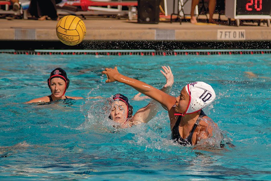 Junior driver Hannah Carrillo throws the ball during the Aztecs annual alumni game at the Aztec Aquaplex on Jan. 27.