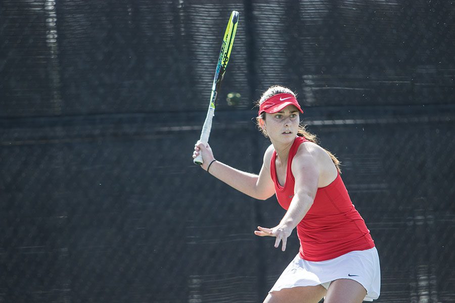 Junior+Jenny+Moinard+competes+during+the+Aztecs+5-2+loss+to+UCSD+on+Jan.+27+at+the+Aztec+Tennis+Center