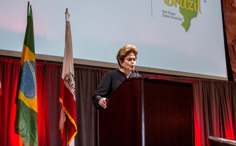 Former president Dilma Rousseff speaks about Brazils political issues on April 19, inside Montezuma Hall at San Diego State.