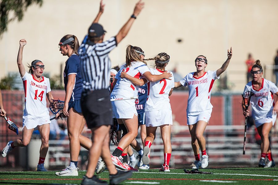 The Aztecs celebrate a goal during the teams 16-6 victory over Fresno State in the MPSF Championship semifinals on April 27 at the Aztec Lacrosse Field. 