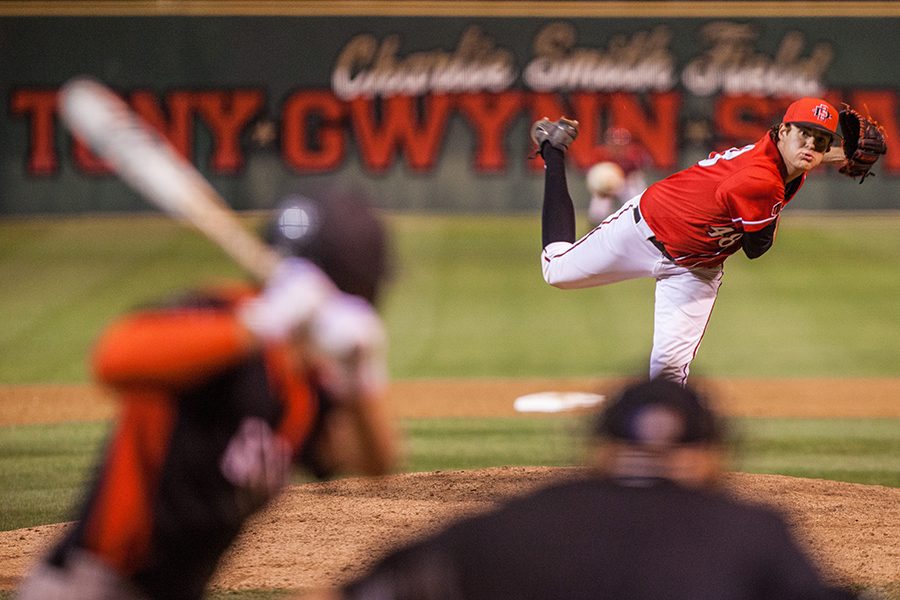 Justin Goossen-Brown pitches during the Aztecs 7-6 victory over UNLV on April 28 at Tony Gwynn Stadium.