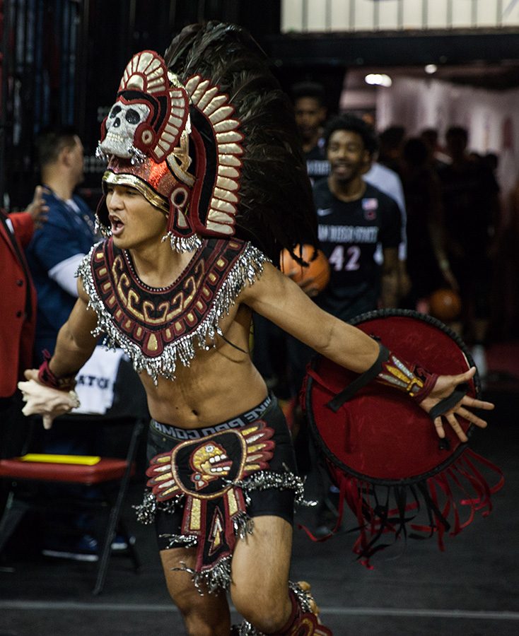 San Diego States Aztec Warrior mascot – now to be called a spirit leader – at a Mountain West tournament game in Las Vegas in March.