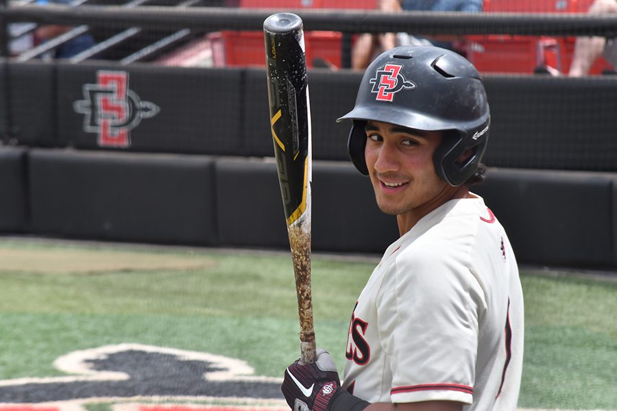 Sophomore outfielder Julian Escobedo smirks during the Aztecs 9-6 victory over Cal State Fullerton on April 15 at Tony Gwynn Stadium.