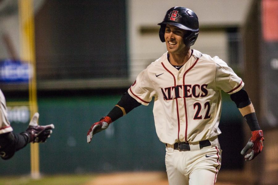 Senior infielder David Hensley celebrates after hitting a sacrifice fly during the Aztecs two-run seventh inning in a 2-1 victory over San Jose State on May 24 at Tony Gwynn Stadium.