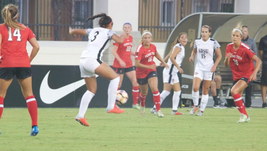 Freshman forward Taylor Moorehead handles the ball during the Aztecs 2-1 loss to Texas Tech on Aug. 24 at the SDSU Sports Deck. 