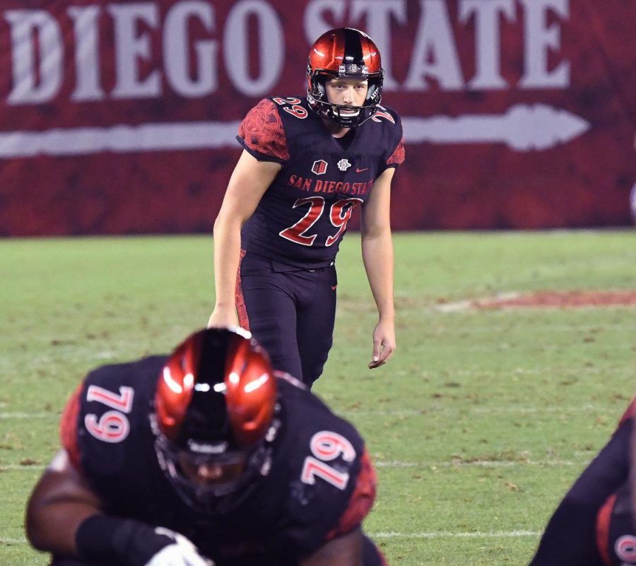 Senior+kicker+John+Baron+II+readies+to+boot+a+field+goal+during+the+Aztecs+28-21+victory+over+Arizona+State+on+Sept.+15+at+SDCCU+Stadium.+Baron+made+two+field+goals+in+the+game%2C+including+a+career-high+54+yarder.