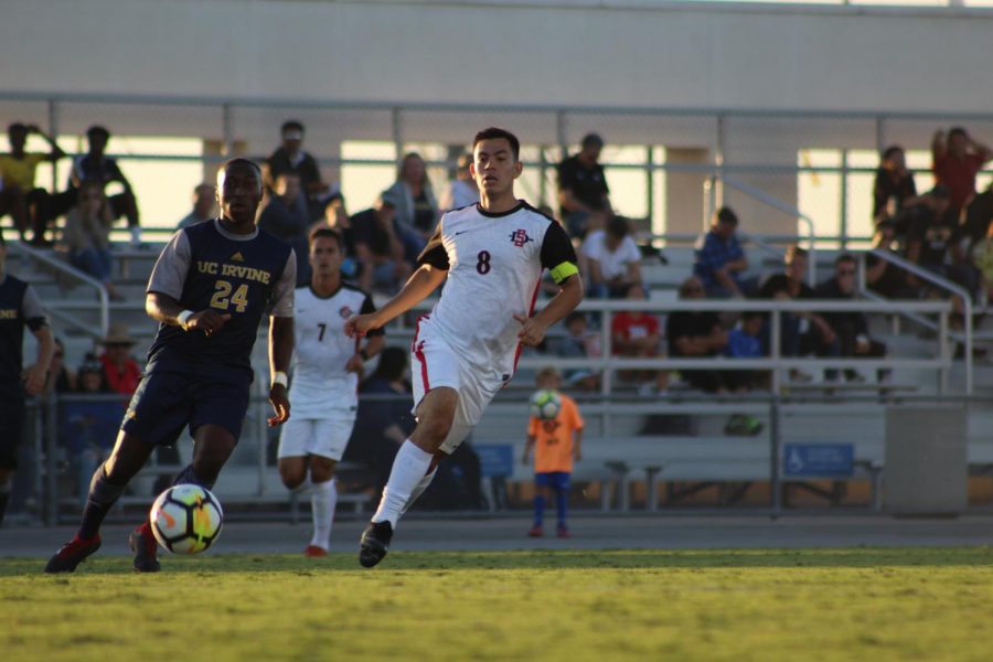 Redshirt junior midfielder Pablo Pelaez chases after the ball during the Aztecs 2-1 victory over UC Irvine on Sept. 9 at the SDSU Sports Deck. 