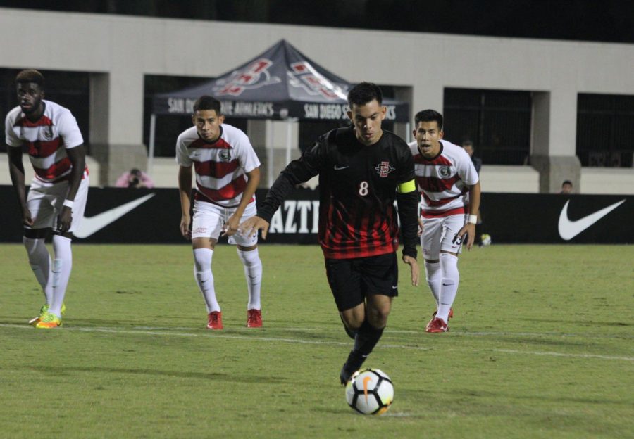Then-junior midfielder Pablo Pelaez lines up for a kick during the Aztecs 2-1 victory over UNLV on Sept. 24, 2018 at the SDSU Sports Deck.