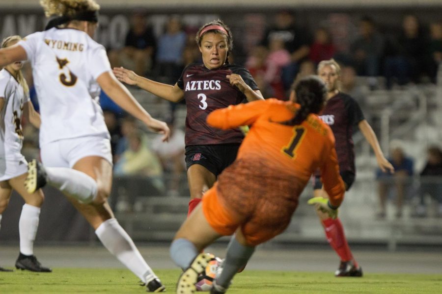 Freshman+forward+Taylor+Moorehead+reacts+as+she+gets+close+to+Wyomings+goal+during+the+Aztecs+2-1+victory+over+the+Cowgirls+on+Sept.+21+at+the+SDSU+Sports+Deck.