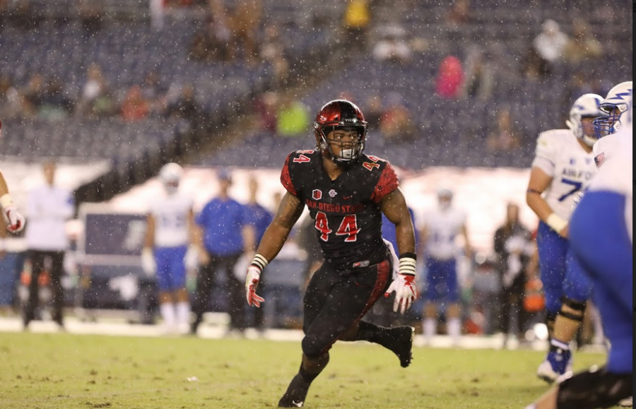 SDSU junior linebacker Kyahva Tezino stares an opponent down during the Aztecs' victory over Air Force on Oct. 12 at SDCCU Stadium. Tezino led SDSU with 15 tackles.