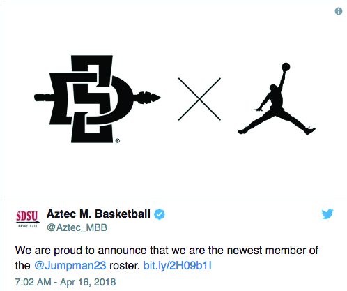 Screenshot of the mens basketball Twitter account announcing the teams move to joining the Jordan brand on April 16.