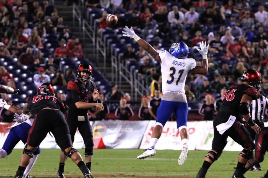 Junior quarterback Ryan Agnew attempts to complete a pass during the second quarter of the Aztecs' 16-13 victory over SJSU on Oct. 20 at SDCCU Stadium. 