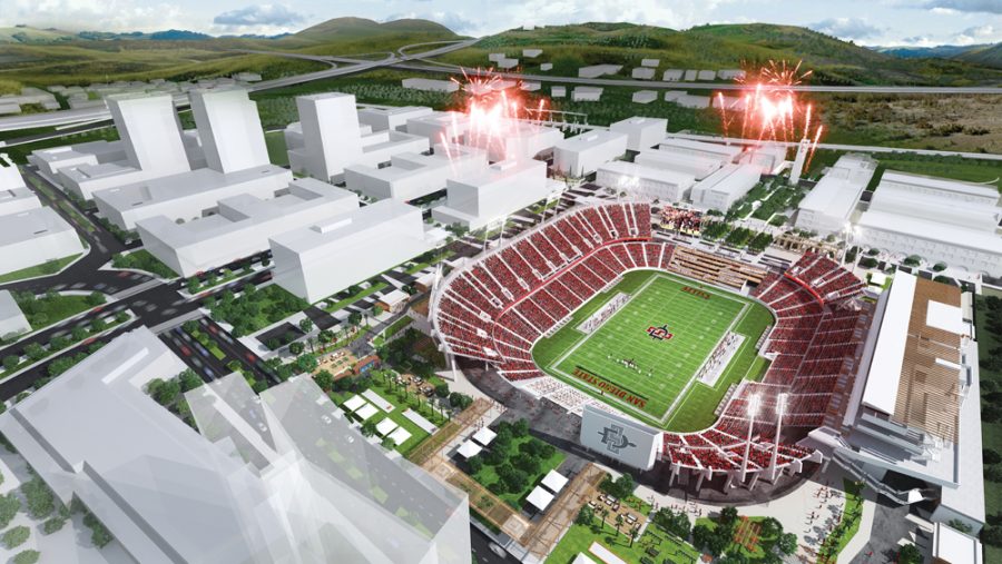 A rendering of SDSU's proposal for a new stadium in Mission Valley. The university on Thursday announced it had awarded a $250 million contract to Clark Construction for building a new stadium at the SDCCU Stadium site, which a November referendum authorized the city to sell to SDSU.