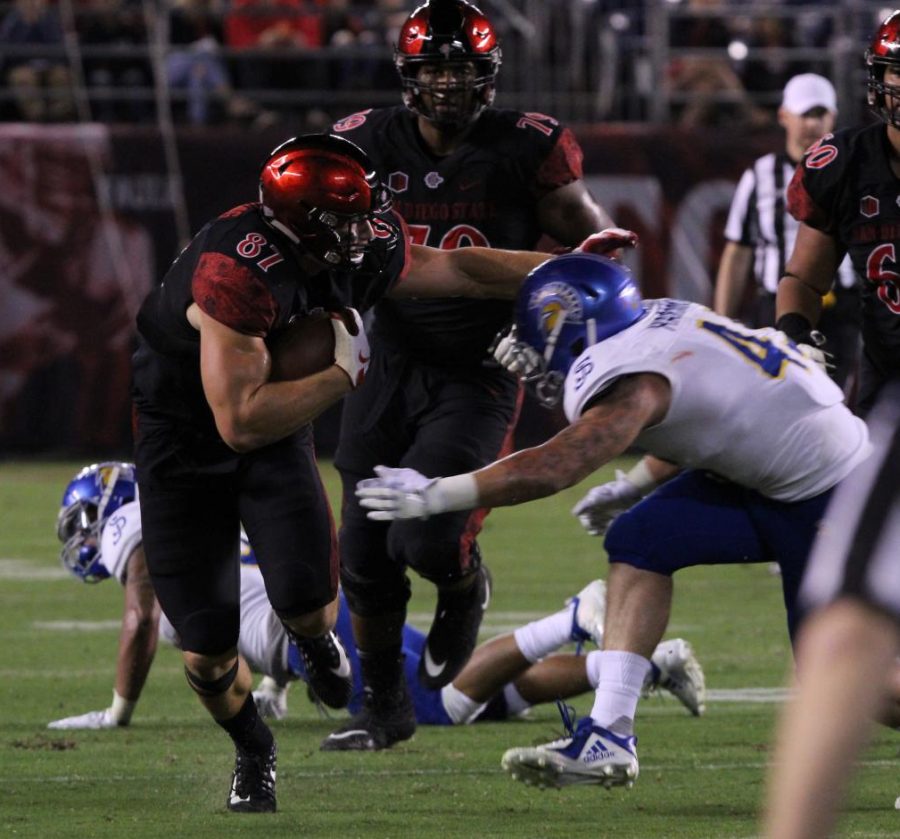 Kahale Warring stiff arms a defender against San José State on Oct. 20, 2018 at SDCCU Stadium.