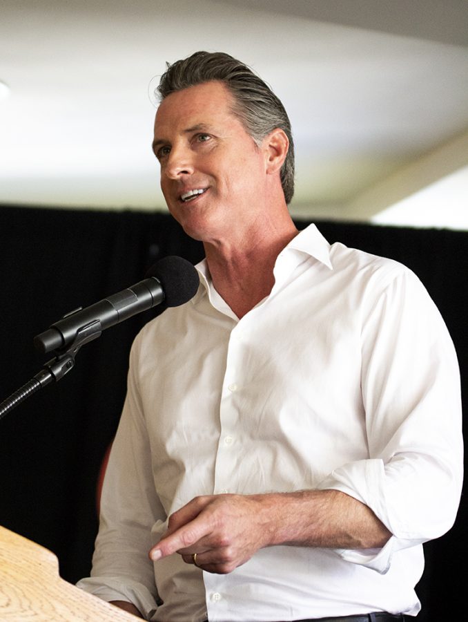 Gubernatorial candidate Gavin Newsom speaking during a bus stop rally on Nov. 2 at San Diego State.