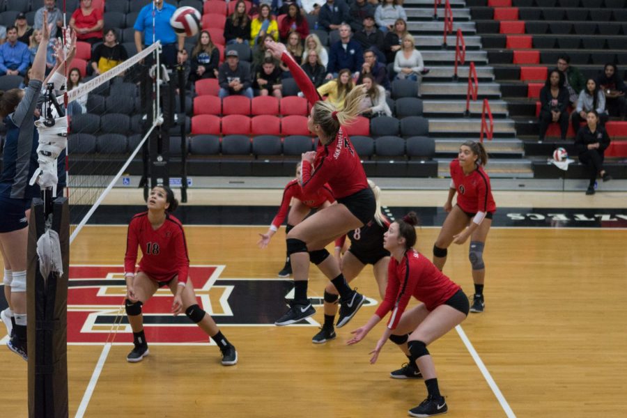 Junior outside hitter Hannah Turnlund goes up for a kill attempt during the Aztecs four-set victory over Nevada on Nov. 15 at Peterson Gym.