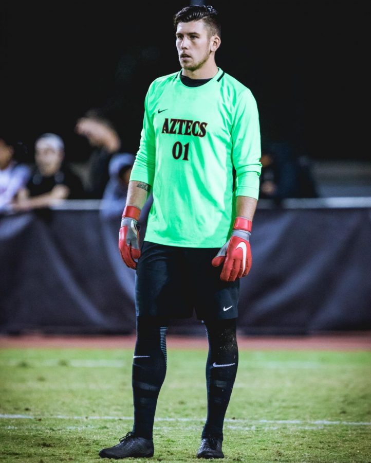 Redshirt senior goalkeeper Cameron Hogg during the Aztecs 2-0 loss to Stanford on Nov. 1 at the SDSU Sports Deck.