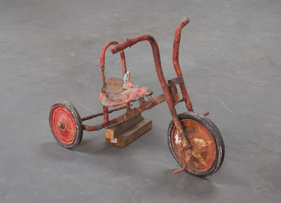 Kristen Morgin, Madonna with Tricycle, 2013; unfired clay, paint, ink, wood, wire; 20 x 16 x 18 inches; image courtesy of the artist and Marc Selwyn Fine Art, Beverly Hills