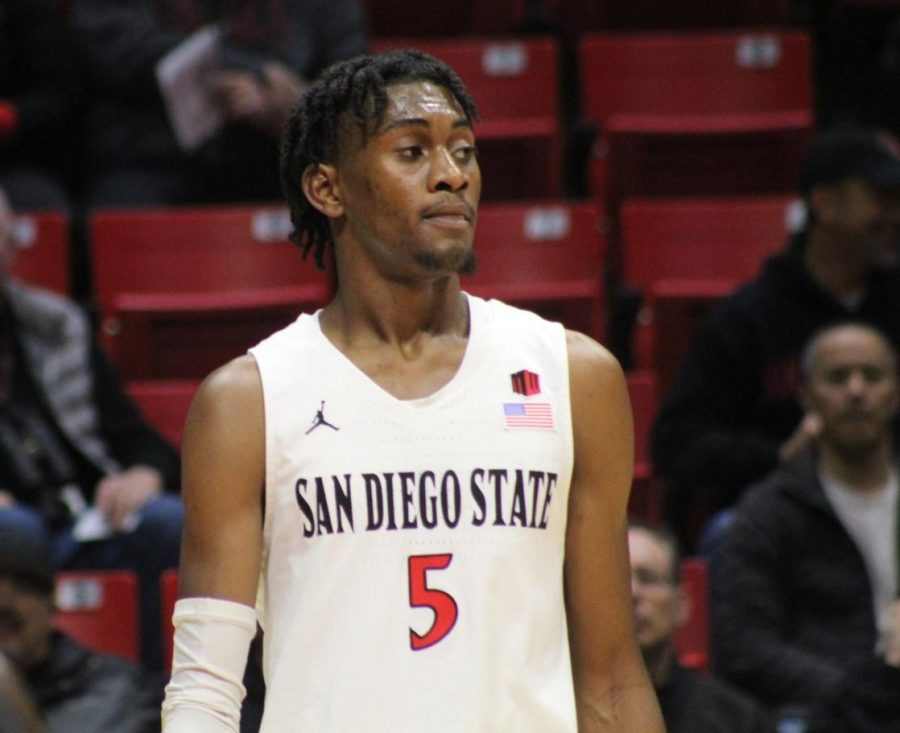 Sophomore forward Jalen McDaniels looks onto the court during the Aztecs 99-46 victory over Cal State Dominguez Hills on Dec. 12 at Viejas Arena.