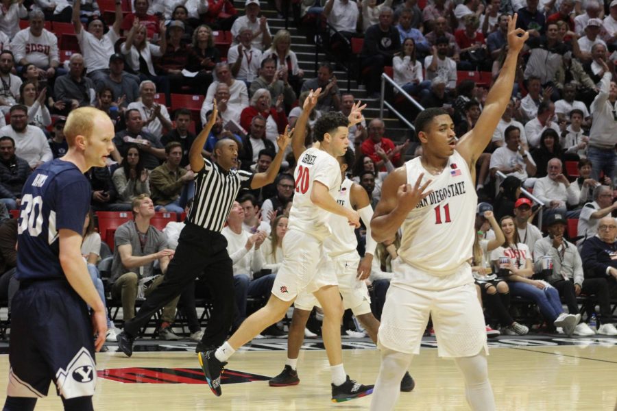 Sophomore forward Matt Mitchell throws up three fingers after knocking down a shot from behind the arc during the first half of the Aztecs 90-81 victory over BYU on Dec. 22 at Viejas Arena. Mitchell finished with 22 points. 