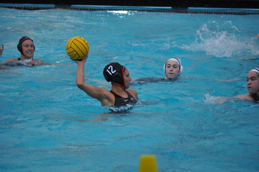 Sophomore driver Dani DAndrea attempts a shot during the Aztecs 11-3 victory in an exhibition against Toronto on Feb. 14 at the Aztec Aquaplex.