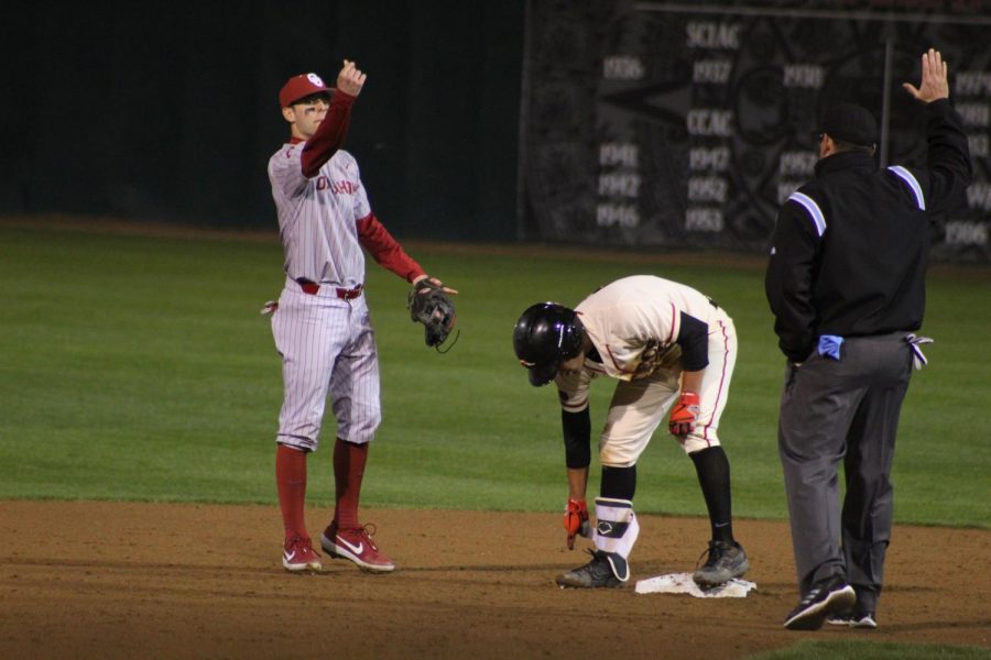 Senior+shortstop+Angelo+Armenta+arrives+safely+to+second+base+for+a+double+during+the+Aztecs+1-0+loss+to+Oklahoma+on+Feb.+23+at+Tony+Gwynn+Stadium.