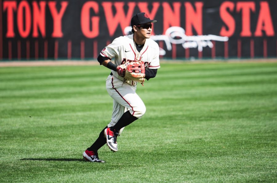 Then-sophomore+left+fielder+Matt+Rudick+fields+a+ball+in+the+outfield+during+the+Aztecs+9-8+loss+to+San+Francisco+on+Feb.+16%2C+2019+at+Tony+Gwynn+Stadium.