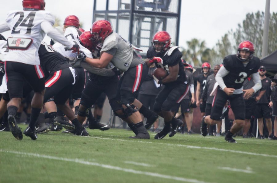 Sophomore running back Chance Bell carries the ball during the Aztecs spring football game on March 23 at the SDSU practice field. 