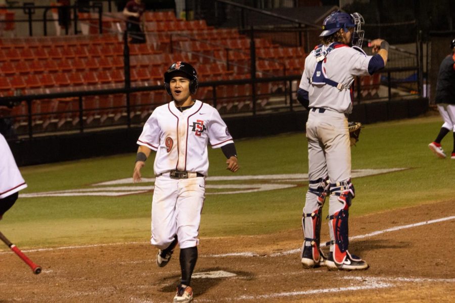 Sophomore+outfielder+Matt+Rudick+crosses+home+plate+in+the+eighth+inning+of+the+Aztecs+6-4+victory+over+Arizona+on+March+25%2C+2019+at+Tony+Gwynn+Stadium.