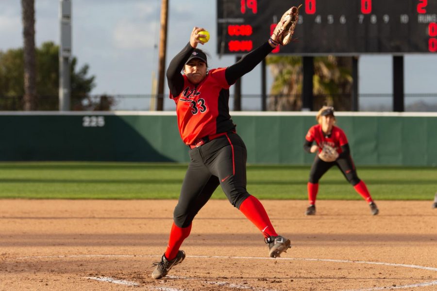 Junior pitcher Marissa Moreno pitches during the Aztecs 1-0 win over UC Santa Barbara on Feb. 16 at SDSU Softball Stadium.