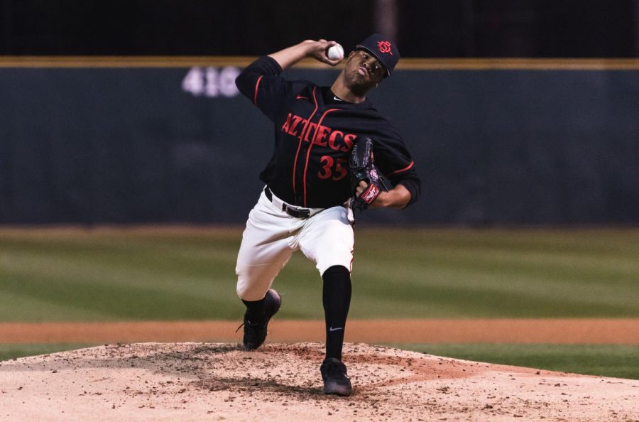 Freshman pitcher Aaron Eden works off the mound during the Aztecs 4-2 loss to San Diego on Feb. 26 at Tony Gwynn Stadium.