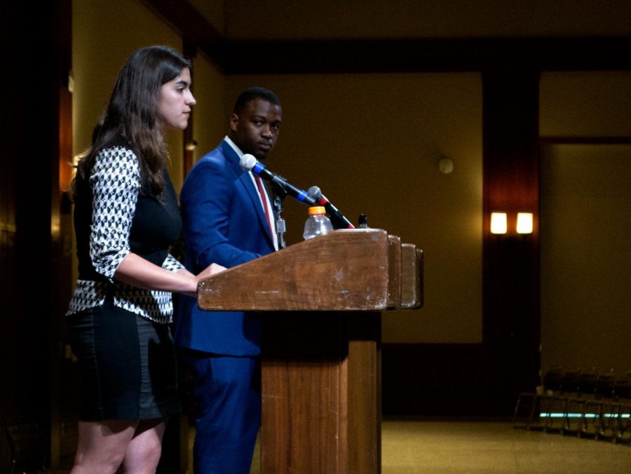 Presidential candidates Mariya Nadberezhna and Christian Onwuka debate in Montezuma Hall on Wednesday, March 20. The debates were moved out of the Conrad Prebys Aztec Student Union due to inclement weather.