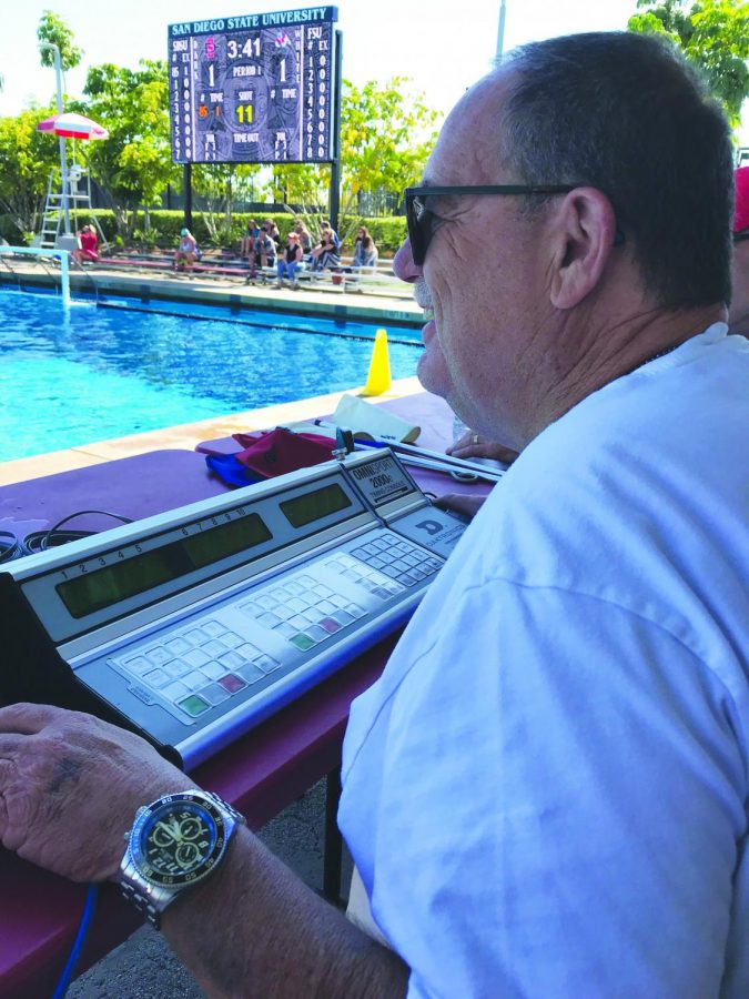 Steve Bartel working the scoreboard during an Aztec water polo match against Fresno State.