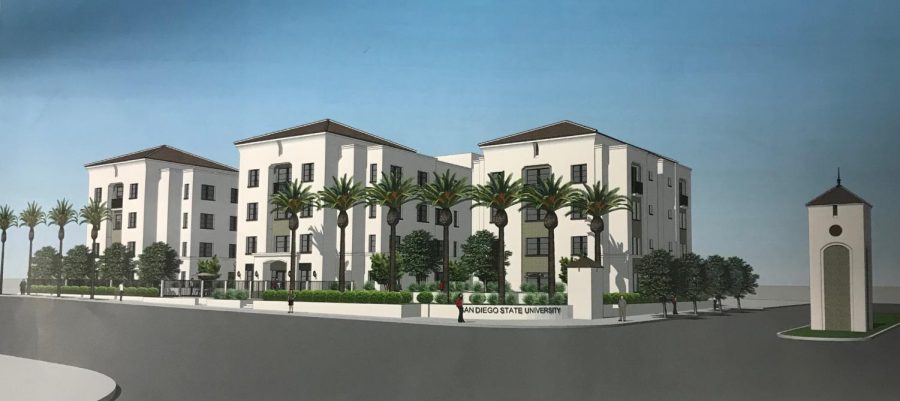 A rendering of the planned apartment complex for the corner of Montezuma Road and Campanile Drive. The building is set to be built atop the current Alpha Delta Chi house.