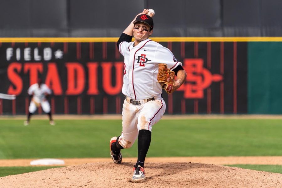 Then-sophomore pitcher Casey Schmitt pitches in the Aztecs 5-4 victory over Air Force on April 20, 2019 at Tony Gwynn Stadium.