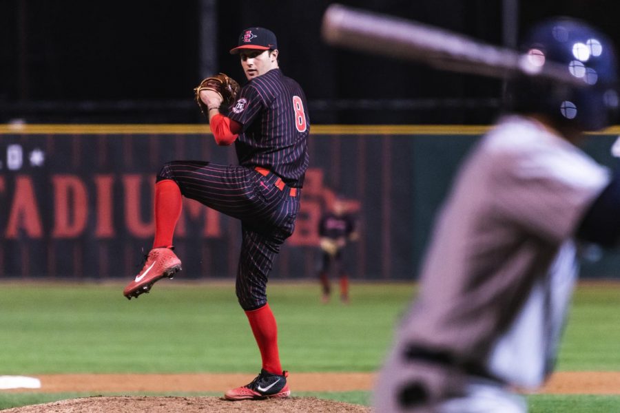 Then-sophomore+pitcher+Casey+Schmitt+pitches+during+his+save+against+Nevada+on+March+8%2C+2019+at+Tony+Gwynn+Stadium.